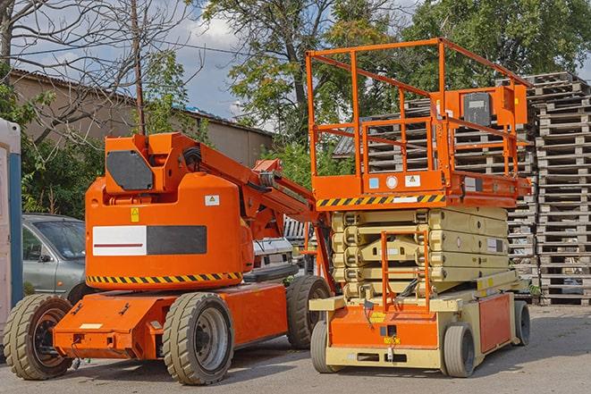 industrial forklift navigating through packed warehouse shelves in Denver